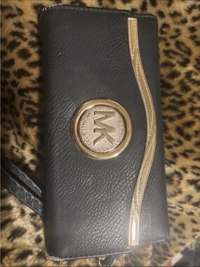 Michael Kors Black Leather Wallet with Gold MK Emblem